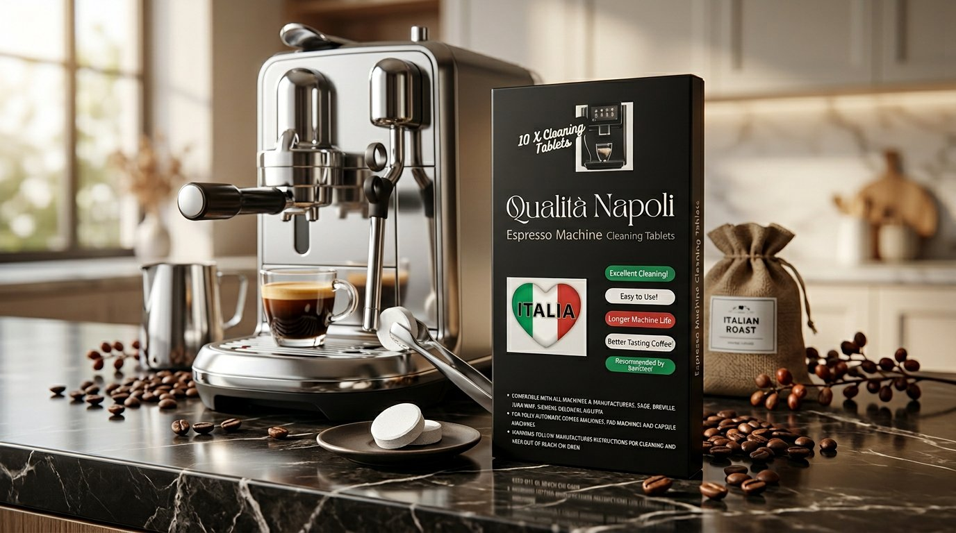 Qualità Napoli espresso cleaning tablets on black marble with espresso machine