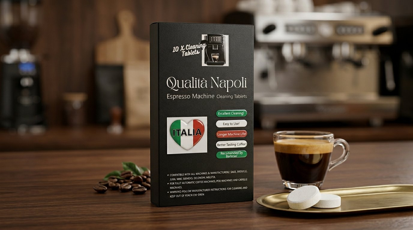 Qualità Napoli espresso cleaning tablets on wooden table with espresso